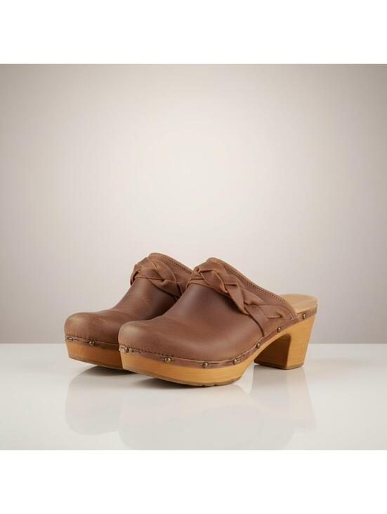 Clarks Shoes - Clarks Brown Leather Clogs 7.5 Platform Mule Wood Heel Boho Cottage